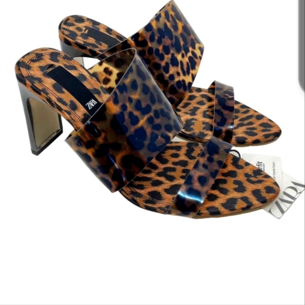 Zara Animal Print Vinyl High HeelMules Leopard Print Sandals Size 7